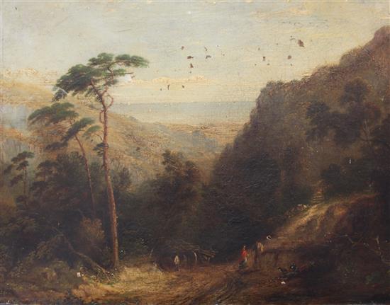 19th century English School Figures on a woodland path overlooking the coast, 14 x 18in., unframed